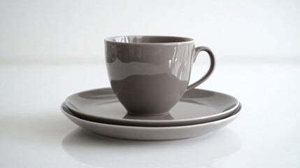 Fototapeta premium Elegant Gray Cup and Plate Set on White Background