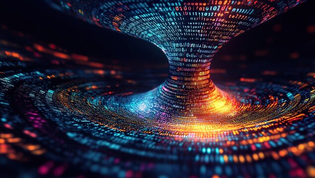 Innovative digital technology concept showcasing binary code and dynamic data stream encapsulated within a glass tube set against a dark, sleek background. Detailed close-up view of an abstract funne