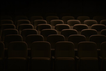 Obraz premium Dark empty cinema hall with soft ambient light over rows of theater seats creating moody cinematic atmosphere before film screening or movie premiere starts