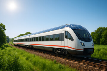 Fototapeta premium Modern high-speed train with solar panels on the roof riding through green landscape on a sunny day showcasing sustainable transportation innovation