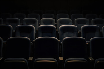 Obraz premium Empty movie theater seats in dim light creating dramatic atmosphere and anticipation before film screening or cinema event begins in dark auditorium