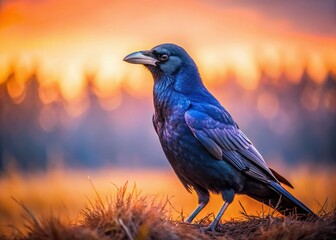 Majestic Rook Bird in Low Light Field - Dramatic Wildlife Photography