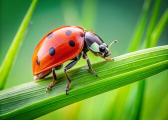 Obraz premium Microscopic Ladybug on Grass Blade: Nature's Tiny Wonder Revealed