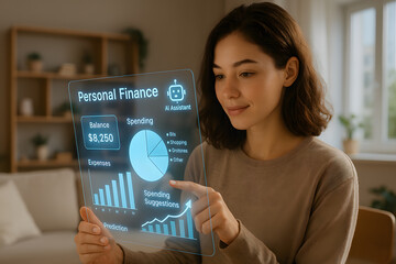 Woman using futuristic finance interface with AI assistant to track expenses, analyze spending, and monitor personal balance in a smart home setting