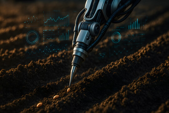 Robotic arm planting seeds in soil with digital data interface for precision agriculture and smart farming at sunrise with futuristic technology