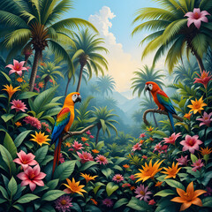 A vibrant tropical garden with exotic flowers, palm trees, and colorful parrots resting on branches
