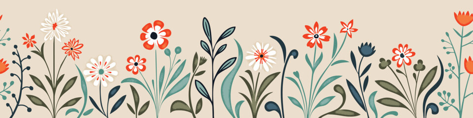 Hand drawn grass and flowers, spring meadow, seamless border, vector illustration