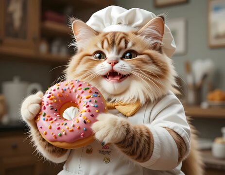 happy cat chef holding a doughnut in its paws. cat, kitten, kitty, doughnut, donut, chef, cute, happy, animal, cartoon, pastry, bakery, sweets, dessert, snack, food, baking, illustration, humor, fun