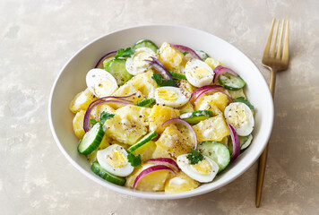 Salad with potatoes, cucumber, onion and eggs. Healthy food. Vegetarian food.