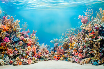 Obraz premium Vibrant underwater coral reef scene with colorful corals and marine life in clear blue tropical ocean water