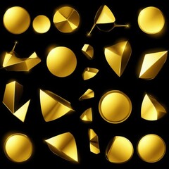 Golden reflections in various shapes chaotically placed on a black background (modern art). Generated AI