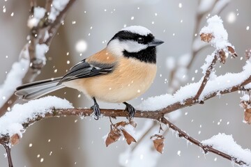 Naklejka premium A bird perched on a snow-covered branch, surrounded by falling snowflakes.