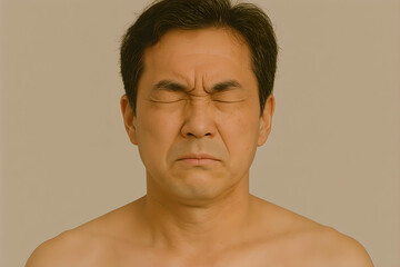 Obraz premium A middle-aged Asian man is experiencing blepharospasm with her eyes tightly shut and facial muscles tensed.
