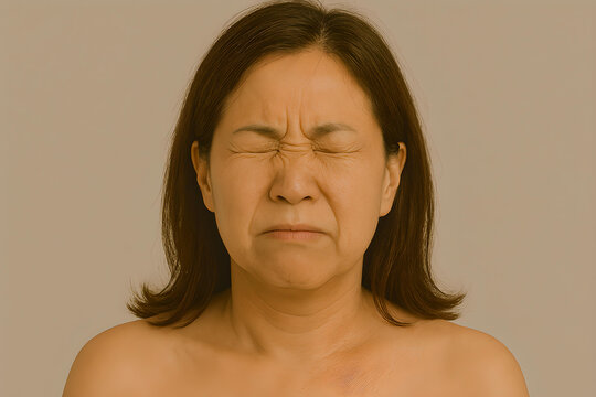 A middle-aged Asian woman is experiencing blepharospasm with her eyes tightly shut and facial muscles tensed.