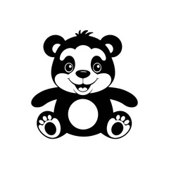 A black and white vector silhouette of a baby bear sitting with a big, cheerful grin on a white background