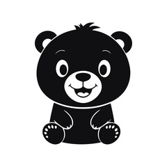 A black and white vector silhouette of a baby bear looking over its shoulder with a sweet, cheerful face on a white background