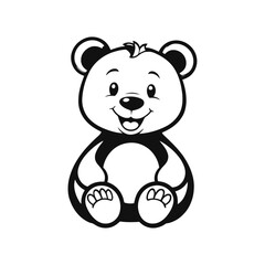 A sleek black and white vector illustration of a baby bear walking forward with a warm and welcoming smile on a white background