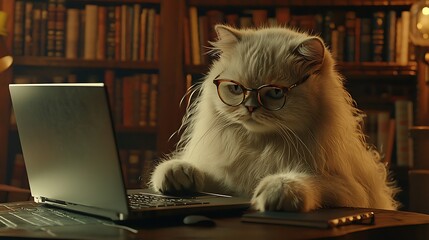 Cat with glasses working on laptop in library