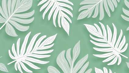 Tropical flat leaves on a soft green background creating a peaceful and refreshing atmosphere