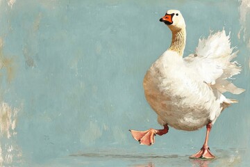 A whimsical illustration of a walking goose against a textured blue background.