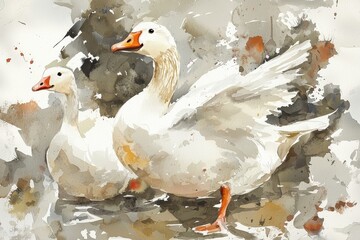Obraz premium Two geese standing in a textured, artistic landscape with muted colors.