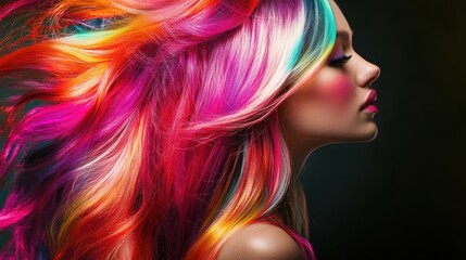 Naklejka premium Rainbow Hair: A captivating image showcasing a woman with vibrant, multi-colored hair. The cascading waves of color create a stunning visual effect against a dark background.