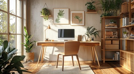 Fototapeta premium A bright and airy home office features a wooden desk chair computer plants bookshelves and natural light streaming through a large window creating a calm and productive workspace.