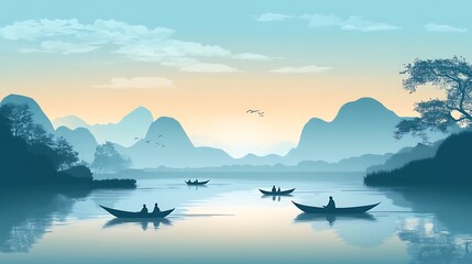 Serene lake sunrise with misty mountains.