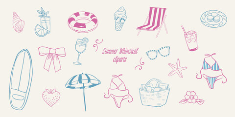 Vector whimsy summer beach cliparts in outline hand drawn style. Flat illustrations of swimsuit, glasses, seastar, ribbon bow, ice cream, coctails, surf board, seashell, seastar, strawberry, lifebuoy.