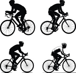 A set of bicycle cyclists riding their bikes in silhouette 