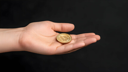 A child's hand gently holds a gold cryptocurrency coin against a dark background