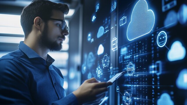 A cloud computing architect designing scalable infrastructure for AI applications, tech office with servers and cloud architecture visuals, Scientific style