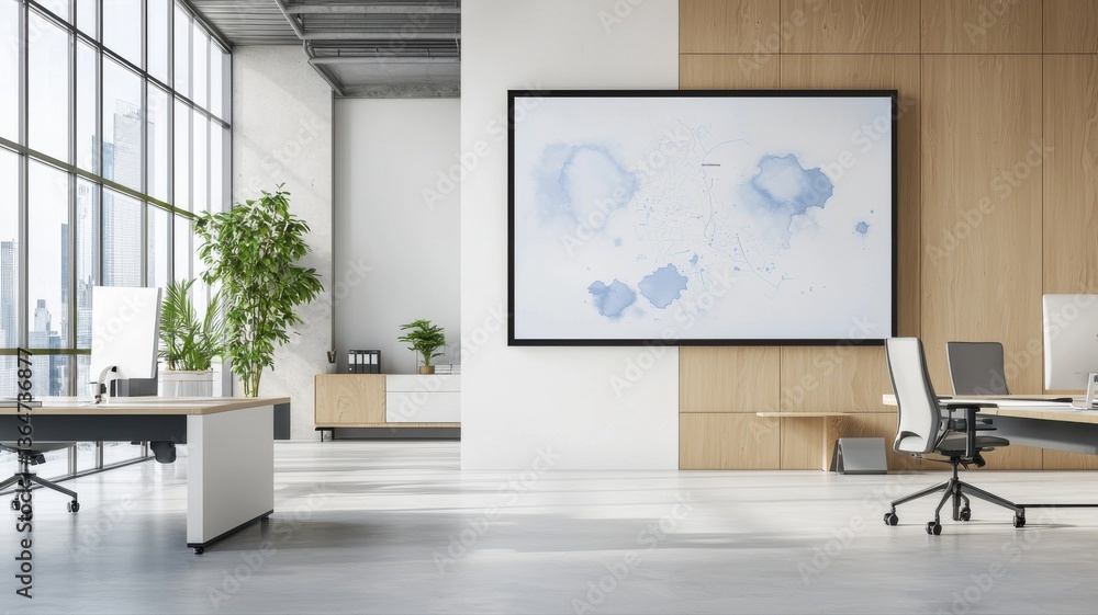 Poster modern open office space with large windows, plants, and abstract art, creating a bright and invitin