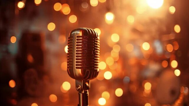 Retro microphone against a background of blurred lights, creating an atmosphere of nostalgia and creativity. Ideal for music videos, concert commercials, background for music podcasts.
