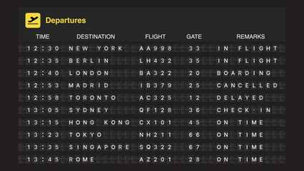 Airport Flight Information Board: Departures, Destination, Flight, Time, Gate, Remarks and Boarding Status (Inflight, Cancelled, Delayed, Check-In, On Time)