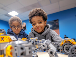 Two young boys concentrating on building robots in a stem education class, promoting innovation and learning
