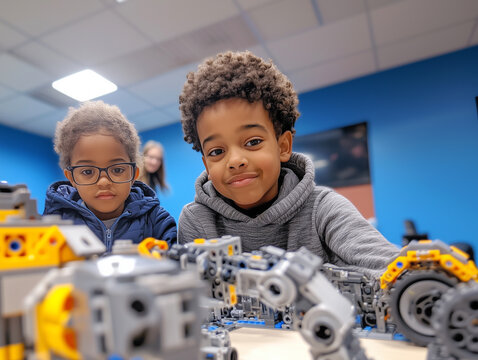 Two young boys concentrating on building robots in a stem education class, promoting innovation and learning