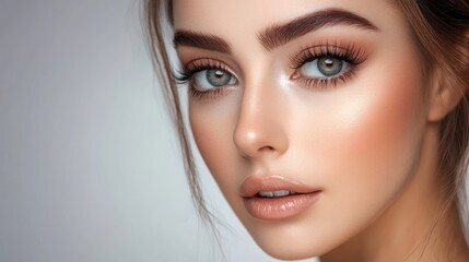 Fototapeta premium Beauty and Radiance: Close-up portrait of a beautiful woman with flawless skin and captivating eyes, showcasing the artistry of makeup.