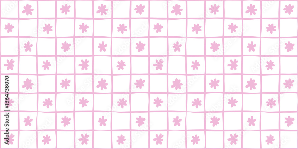 Poster cute pastel pink floral grid check retro groovy minimalist daisy check vector pattern background des