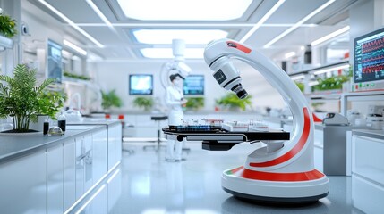 Obraz premium Futuristic laboratory setting with intelligent robotic arm device assisting with advanced scientific research experimentation and technological innovations