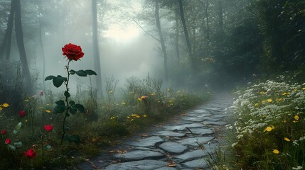 A foggy forest morning with a single rose and wildflowers placed on a stone path