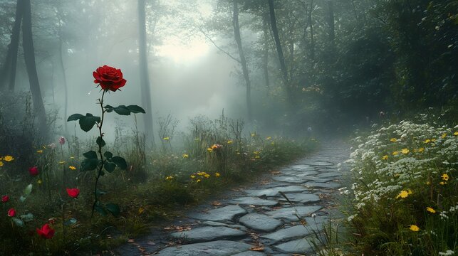 A foggy forest morning with a single rose and wildflowers placed on a stone path - Powered by Adobe