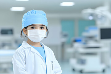 A young child dressed in a doctor's costume in an operating room