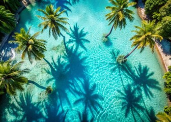 Serene Turquoise Pool, Palm Shadows, Tropical Paradise, Aerial View Stock Photo