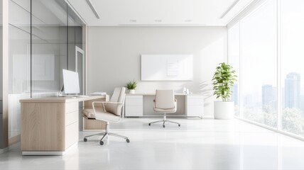 Modern, bright office workspace with large windows, minimal decor and furniture, ideal for productivity.