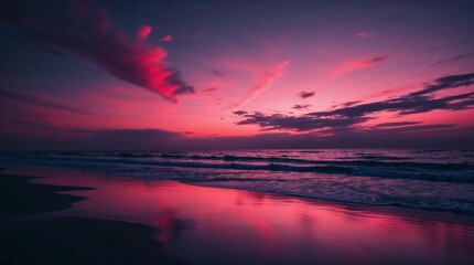 Fototapeta premium Vibrant sunset over the ocean creating colorful reflections on the beach at twilight