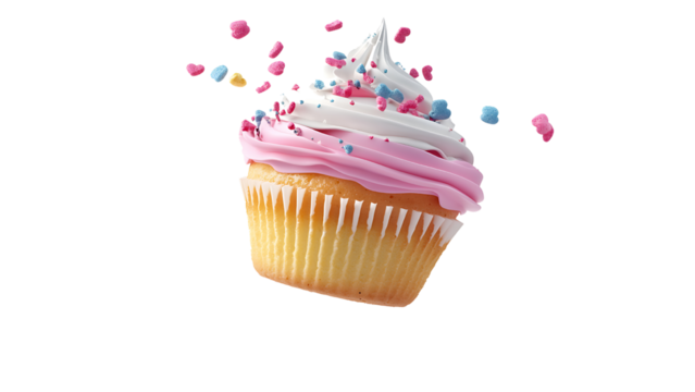 Delicious tasty slice of cupcake flying