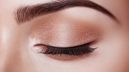 Obraz premium Closed Eye Beauty: Captivating beauty shot of a closed eye, adorned with elegantly applied eyeshadow and meticulously groomed eyebrow, radiating serenity and grace.
