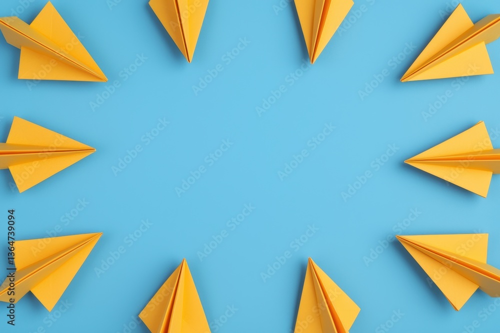 Poster overhead view of yellow paper airplanes arranged in a circle on a light blue background for creative