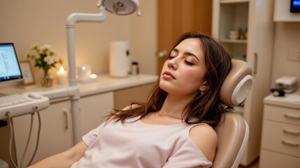 A woman relaxes in a dental chair during a treatment session.